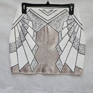 Express Petite Sequin Abstract Champaign White Silver Mini Skirt Size S